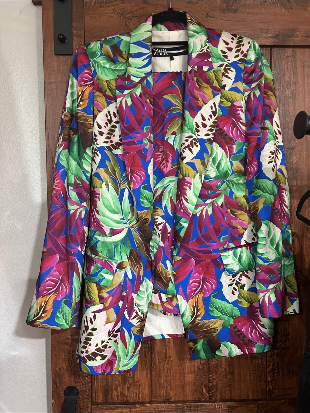 Zara Multicolor Tropical Leaf Blazer Skirt Set - Green Blue Pink Purple